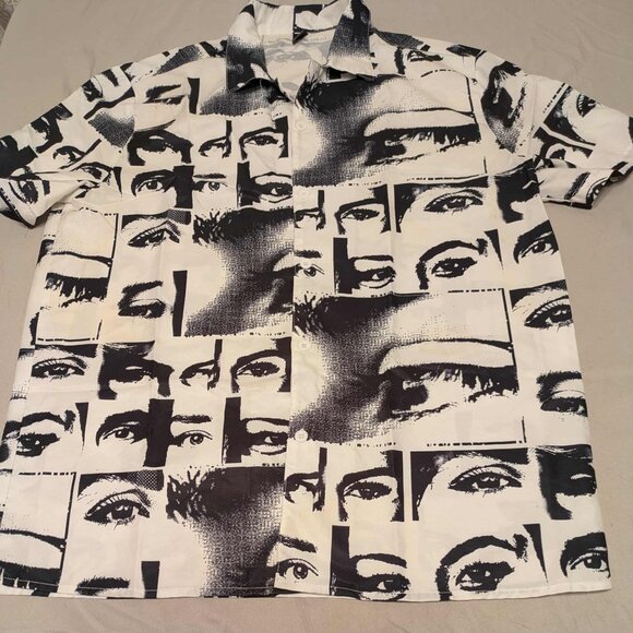 Shein Button Up Shirt Mens Large Short Sleeve Collard Casual Great Graphics Top - Picture 1 of 12